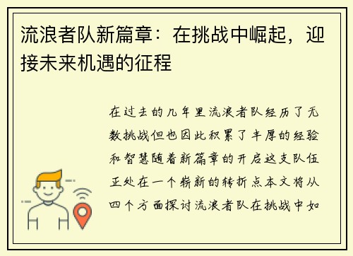流浪者队新篇章：在挑战中崛起，迎接未来机遇的征程