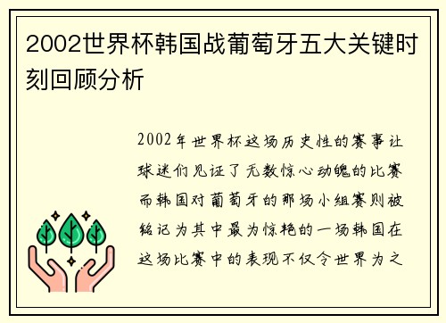 2002世界杯韩国战葡萄牙五大关键时刻回顾分析