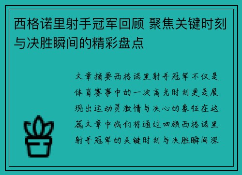 西格诺里射手冠军回顾 聚焦关键时刻与决胜瞬间的精彩盘点