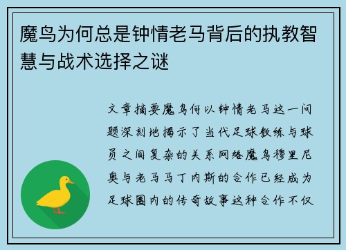 魔鸟为何总是钟情老马背后的执教智慧与战术选择之谜